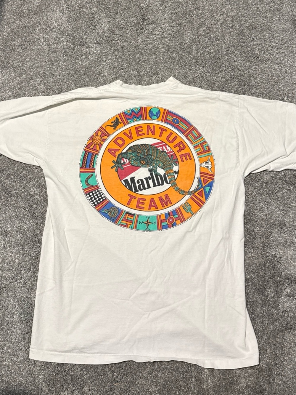 Vintage 90’s Marlboro White Short Sleeve Tee with Multicolor Adventure Team XL